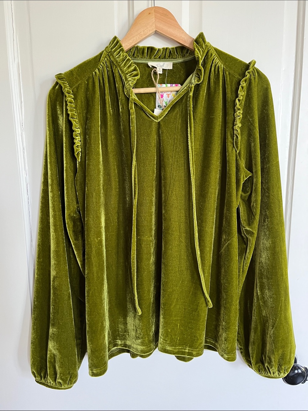 easel Olive Green Velvet Ruffle Tie-Neck Blouse NWT